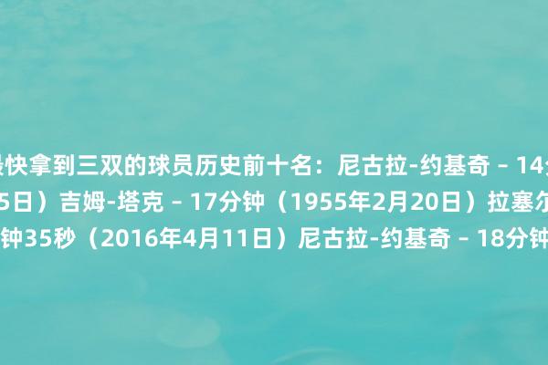 最快拿到三双的球员历史前十名：尼古拉-约基奇 – 14分钟33秒（2018年2月15日）吉姆-塔克 – 17分钟（1955年2月20日）拉塞尔-威斯布鲁克 – 17分钟35秒（2016年4月11日）尼古拉-约基奇 – 18分钟20秒（2023年2月7日）拉塞尔-威斯布鲁克 – 18分钟43秒（2016年12月31日）卢卡-东契奇 – 18分钟59秒（2023年12月6日）维克多-文班亚马 – 20分钟2秒（2024年1月10日）约什-吉迪 – 20分钟5秒（2024年1月11日）拉塞尔-威斯布鲁克 – 20分钟11秒（2014年3月4日）尼古拉-约基奇 – 20分钟16秒（2025年1月1日）    体育集锦